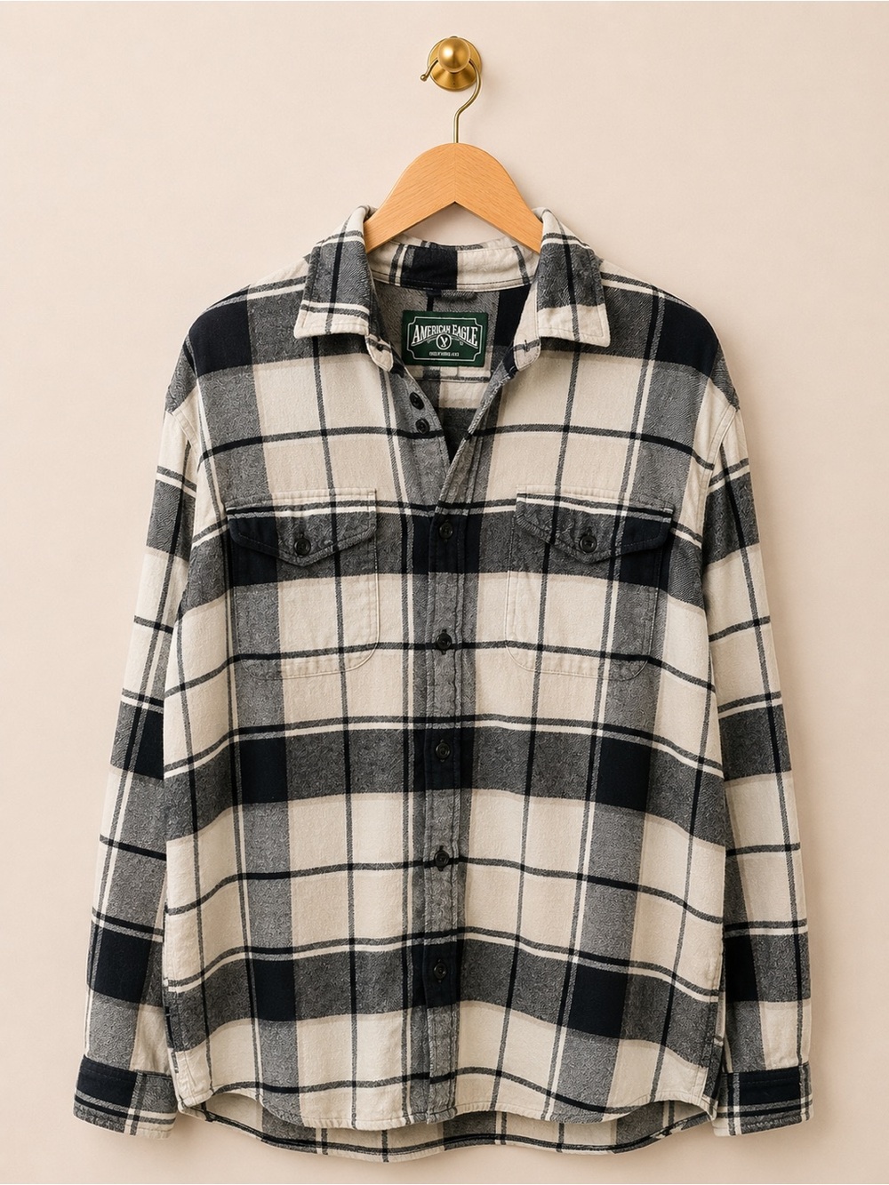 American Eagle Plaid Flannel Shirt Jacket Large Black Cream Overshirt